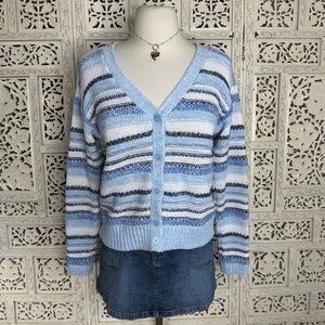 Talbots Blue & White Striped Chunky Button Up Grannycore‎ Cardigan Sz Small